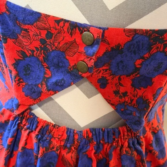Retro Rockabilly Floral Linen Cotton Blend Dress w Pockets Size Large red blue - Picture 6 of 16